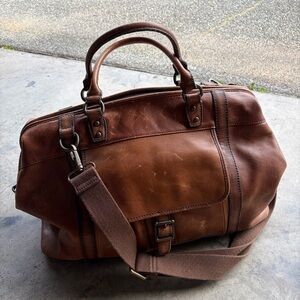 Fossil Mens Estate Brown/cognac Leather Weekender Travel Framed Duffle Bag
